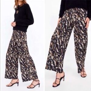 Zara Wide Leg Flowy Printed Palazzo Pant Brown Stretch Waist Size M